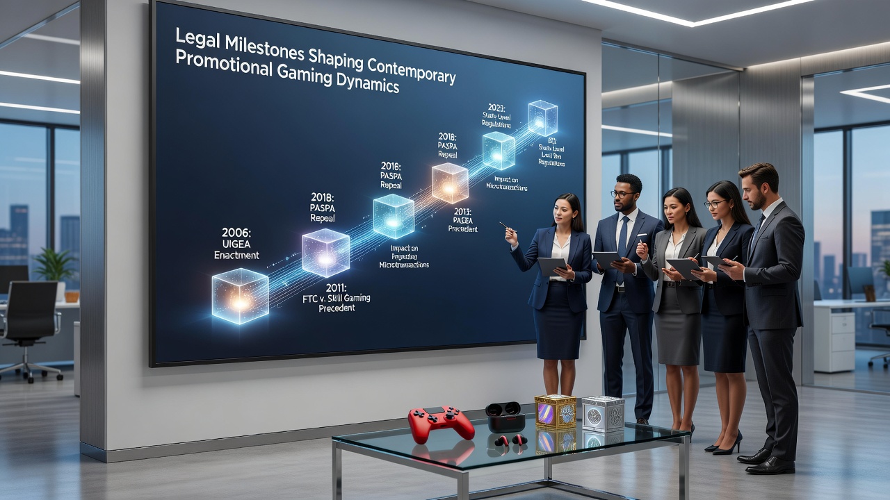 Modern legal team reviewing digital promotional gaming contracts on tablets in a conference room